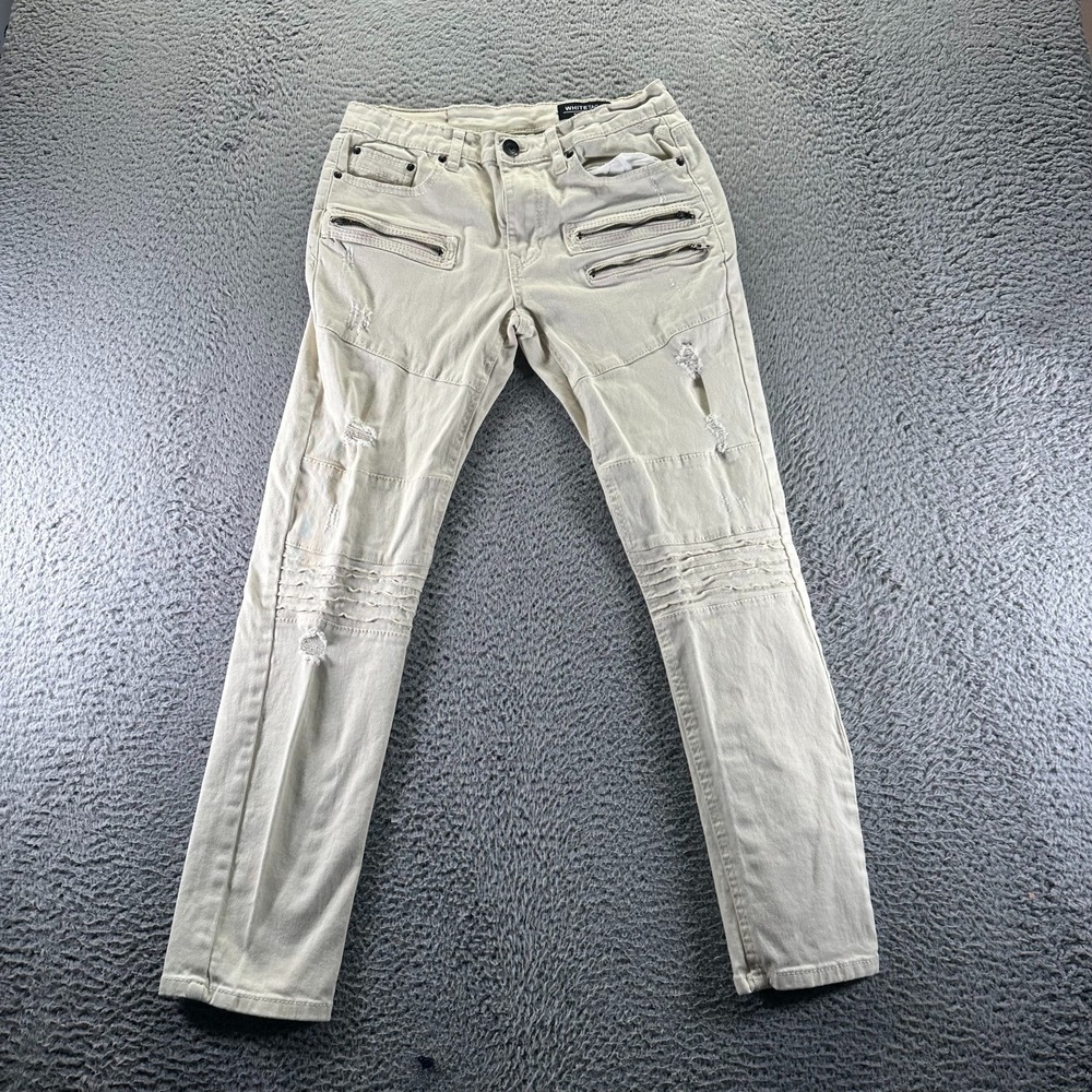 WhiteTag Jeans Men 30x30 Beige Cotton Denim Skinny Stretch Distressed Moto Biker